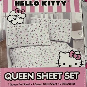🆕 Hello Kitty Queen Sheet Set Cotton Bows Mushrooms Flowers Pink and White